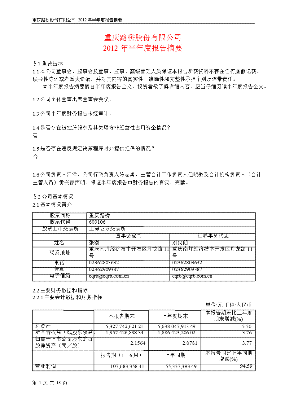 600106 重庆路桥半年报摘要.ppt_第1页