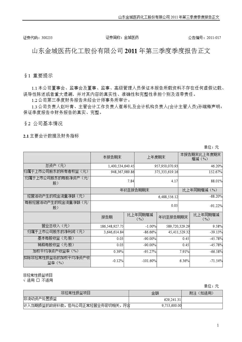 金城医药：第三季度报告正文.ppt_第1页