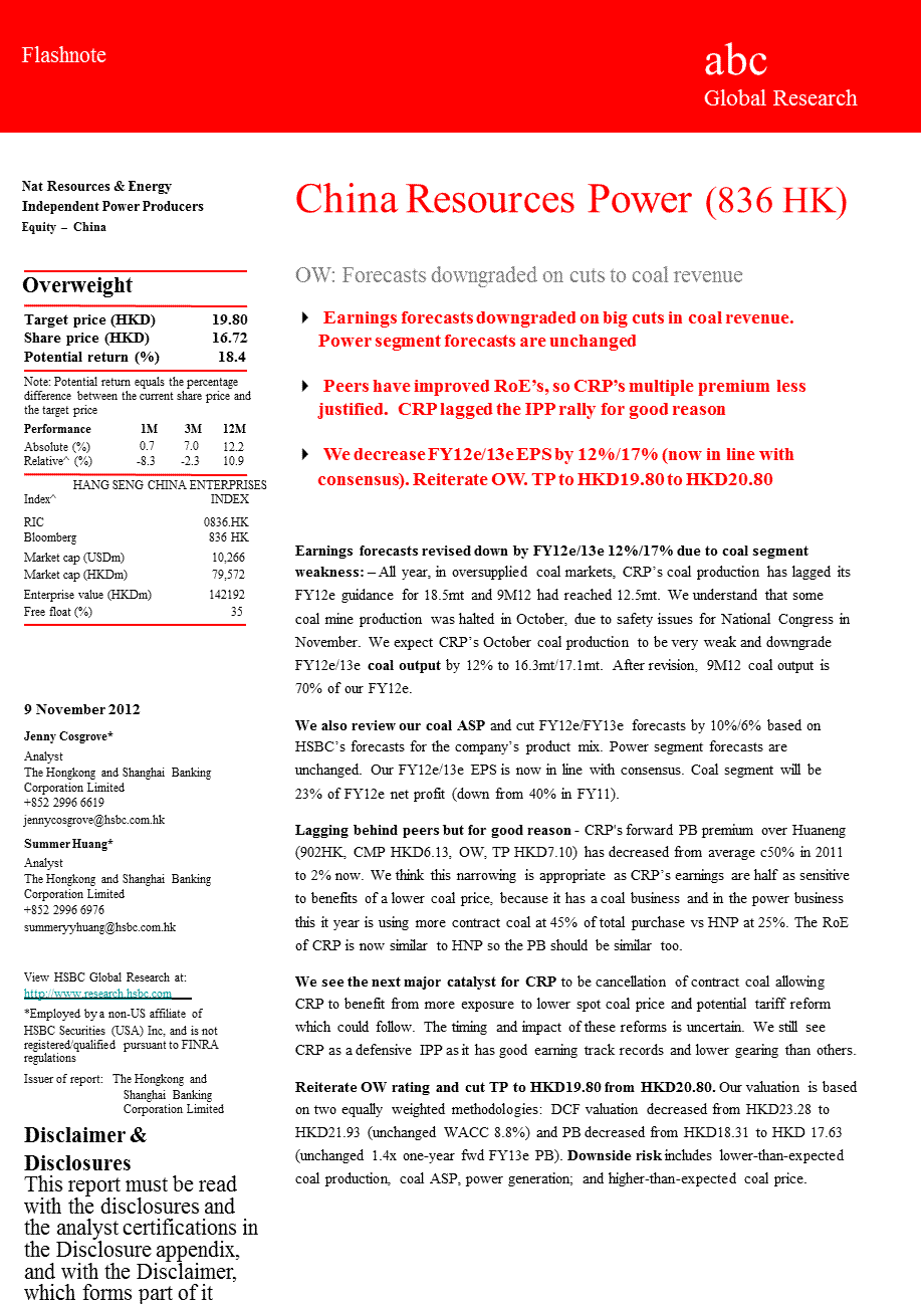 CHINARESOURCESPOWER(836.HK)OW：FORECASTSDOWNGRADEDONCUTSTOCOALREVENUE1214.ppt_第1页