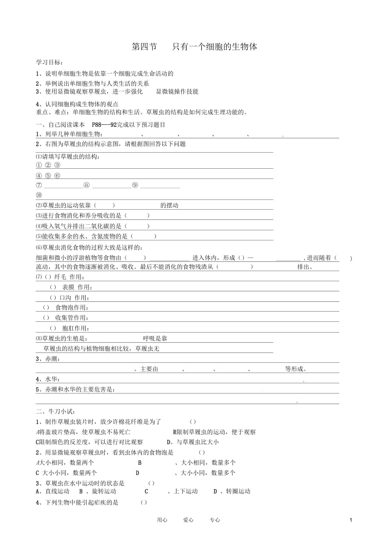 江苏省徐州市第二十二中学七年级生物上册2.3.3《只有一个细胞的生物体》导学案(无答案)人教新课标版.docx_第1页