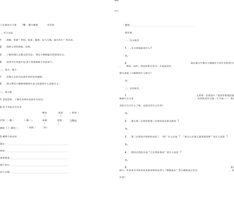 七年级语文下册18一棵小桃树导学案.docx_第1页