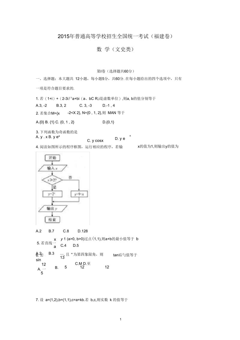 2015年高考试题(福建卷)——文科数学.docx_第1页