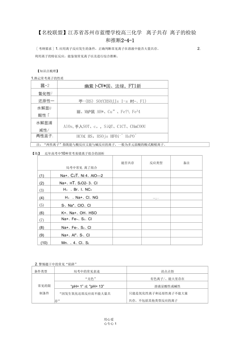 【名校联盟】江苏省苏州市蓝缨学校高三化学离子共存离子的检验和推断2-4-1.docx_第1页