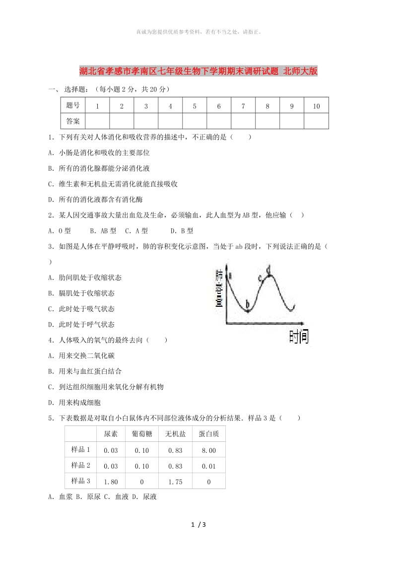 湖北省孝感市孝南区七年级生物下学期期末调研试题 北师大版.doc_第1页