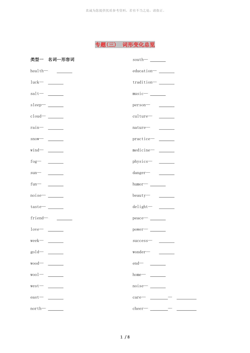 浙江省2019届中考英语总复习 默写手册 专题三 词形变化总览 （新版）外研版.doc_第1页