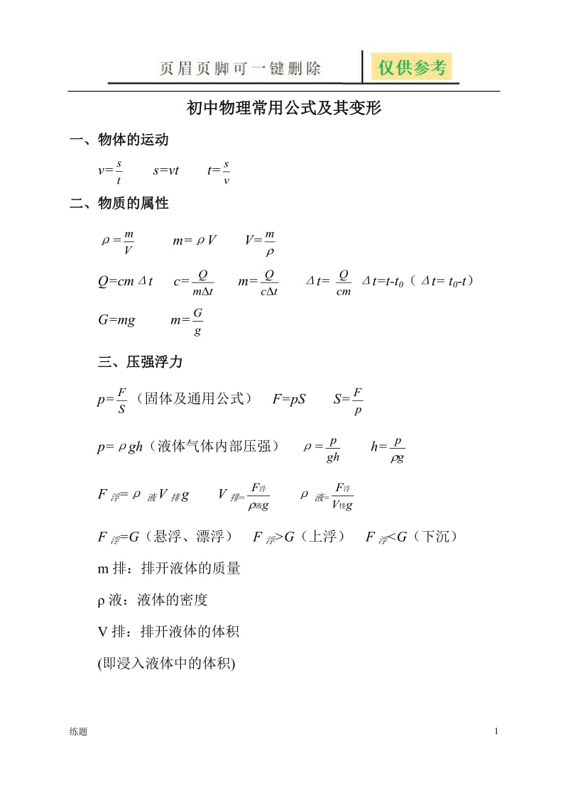 初中物理常用公式及其变形[学练结合].doc_第1页