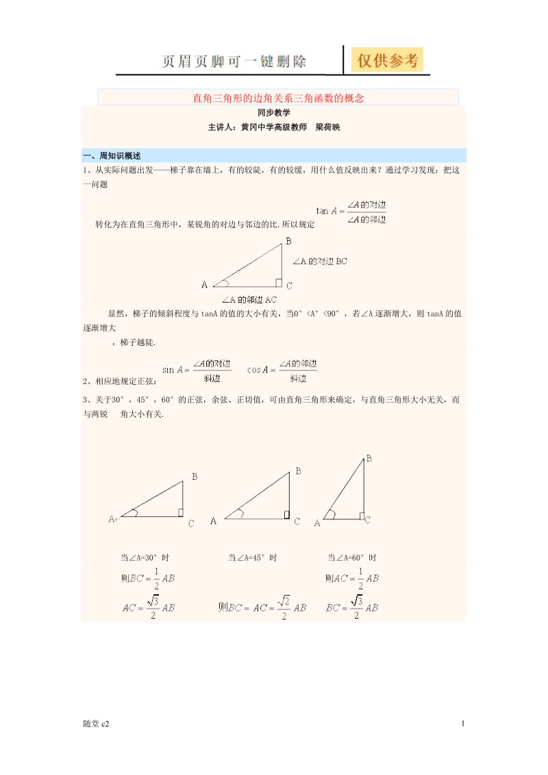 直角三角形的边角关系三角函数的概念[稻谷书屋].doc_第1页