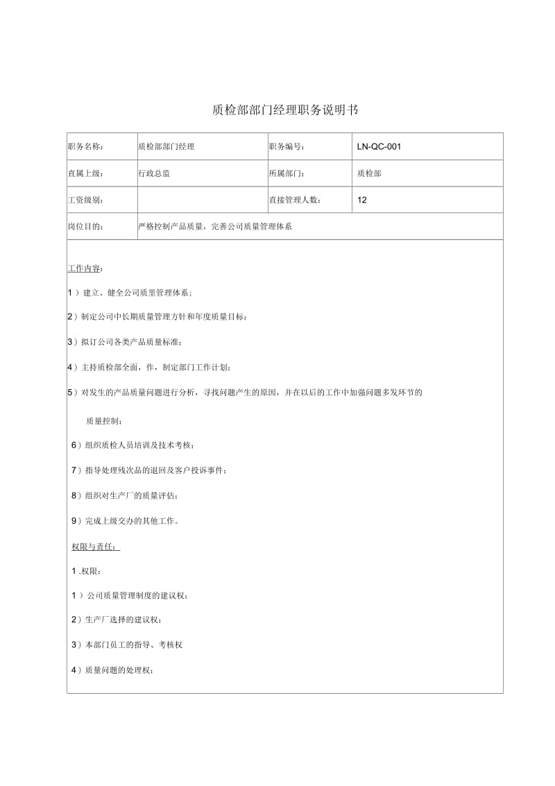 质检部部门经理职务说明书.docx_第1页