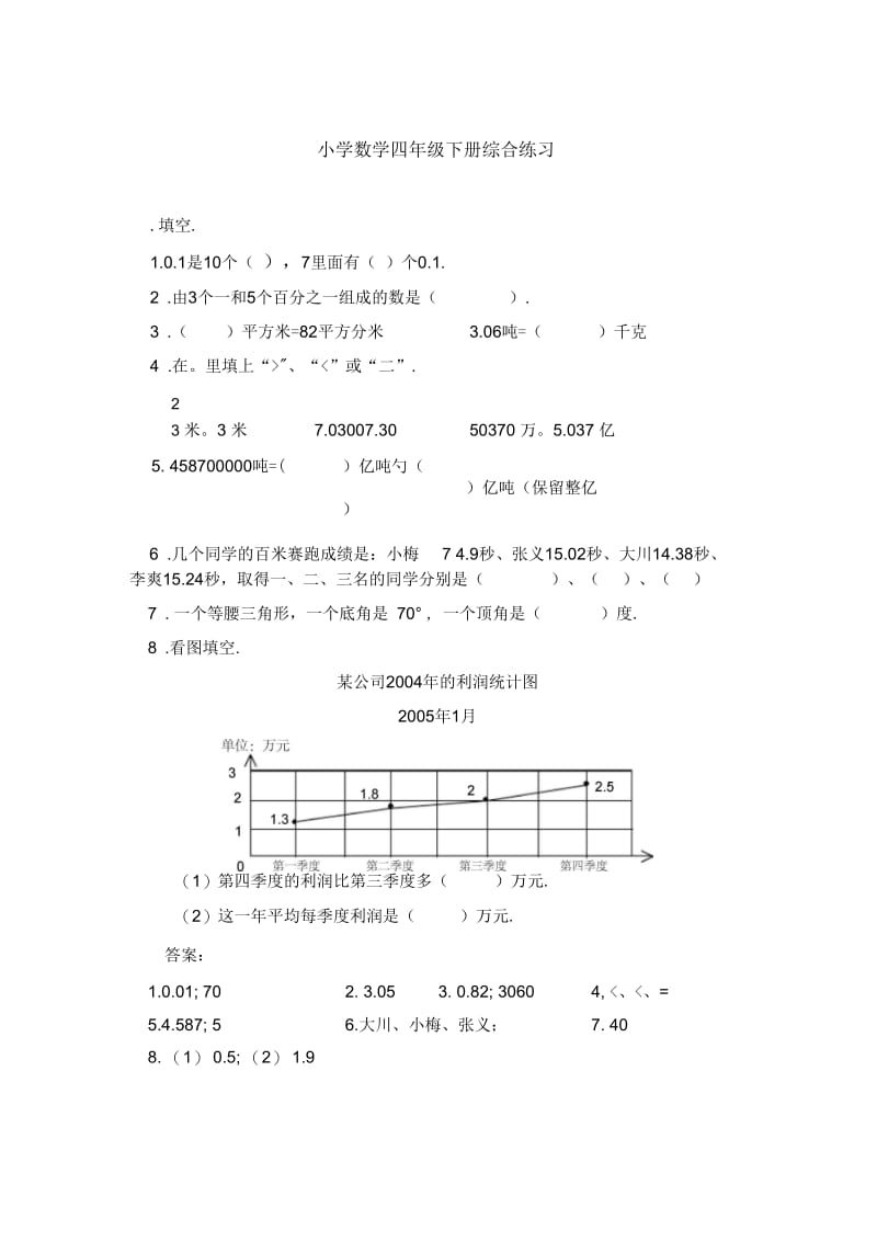 小学数学四年级下册综合练习.docx_第1页