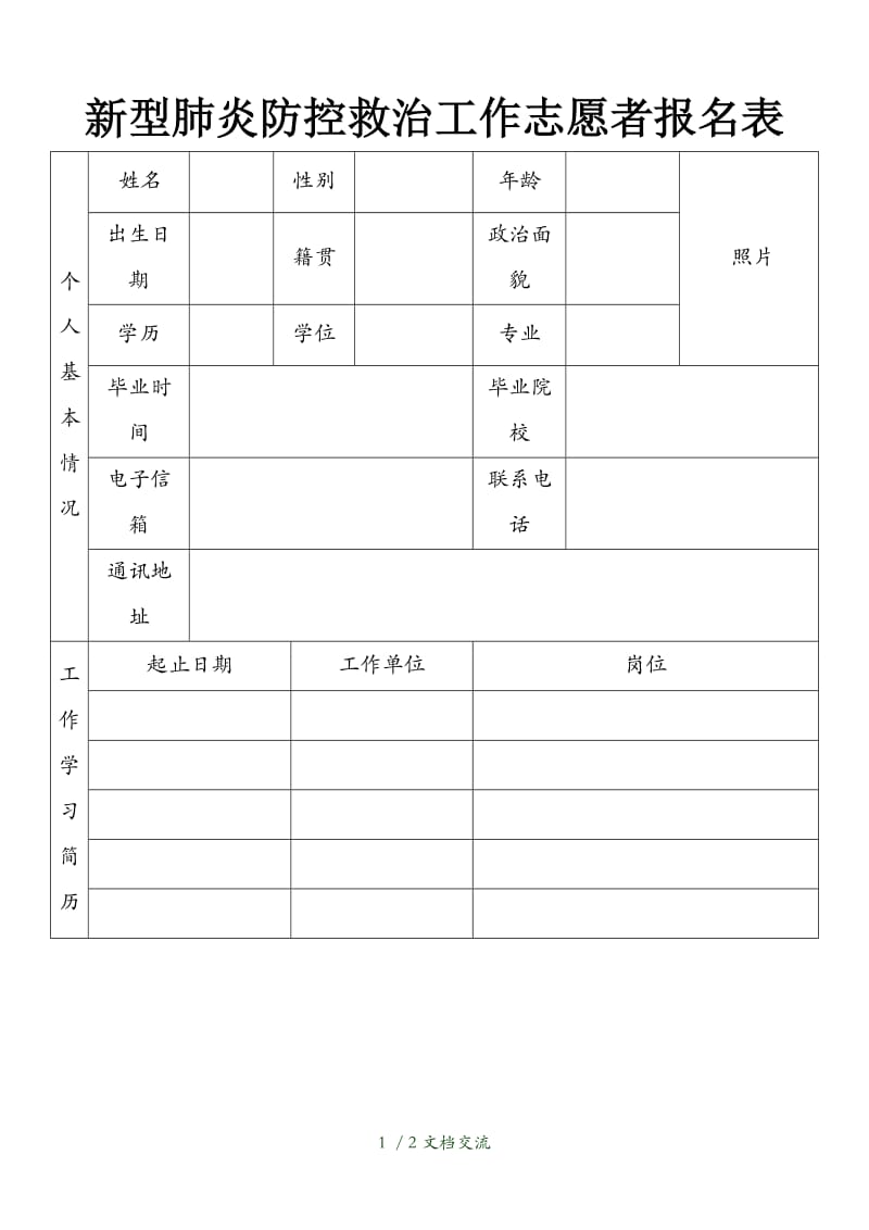 新型肺炎防控救治工作志愿者报名表（干货分享）.doc_第1页