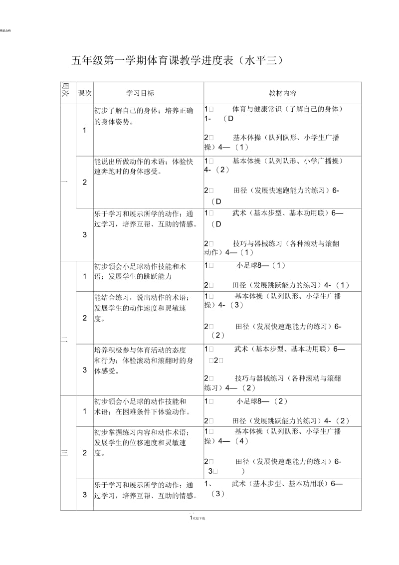 五年级第一学期体育课教学进度表.docx_第1页