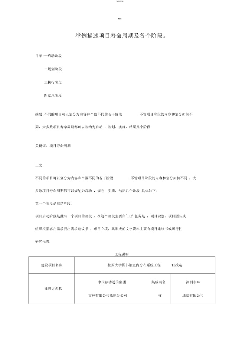 举例描述项目寿命周期及各个阶段.docx_第1页