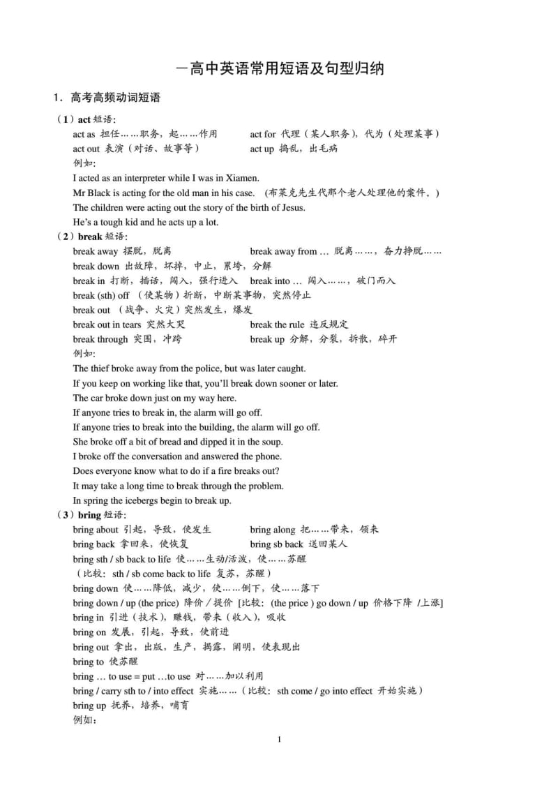 2013高考英语一轮复习 高中英语常用短语及句型归纳.doc_第1页