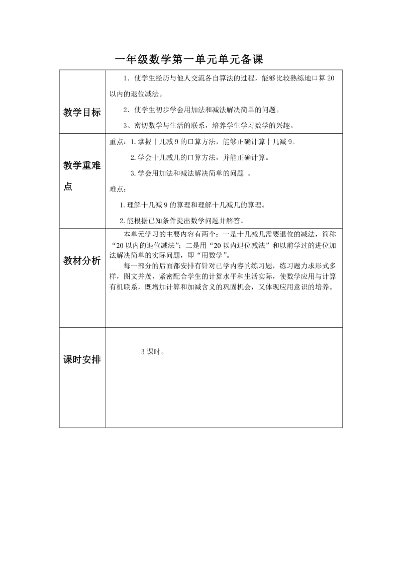 2012版新青岛版数学一年级下册第一单元逛公园-20以内的退位减法备课.doc_第1页