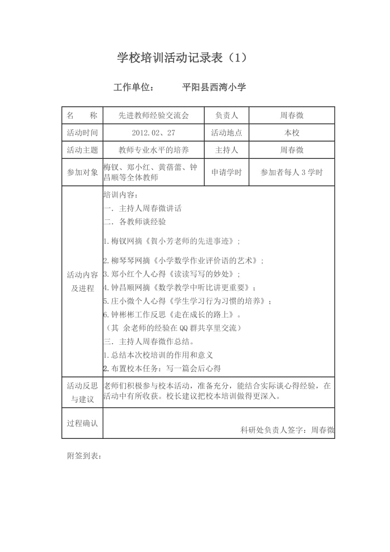 学校培训活动记录表.doc_第1页