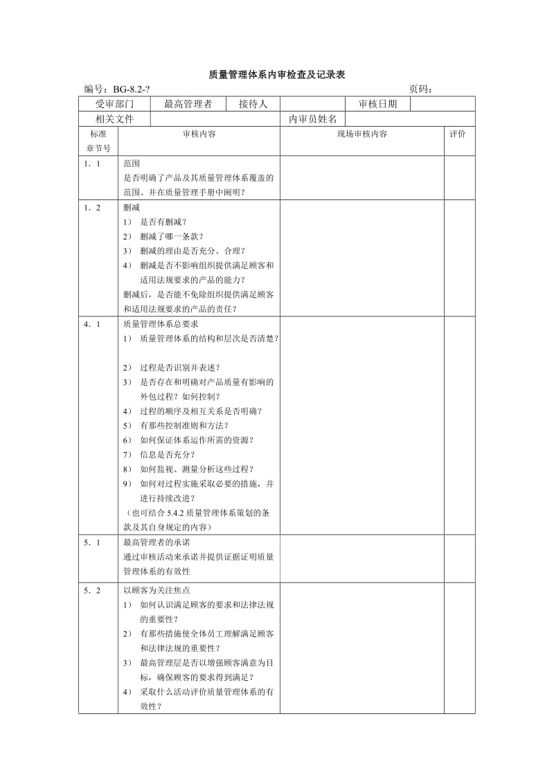 质量管理体系内审检查及记录表(范本).doc_第1页