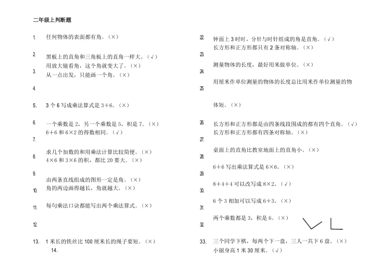 (完整)二年级上判断题有答案.docx_第1页