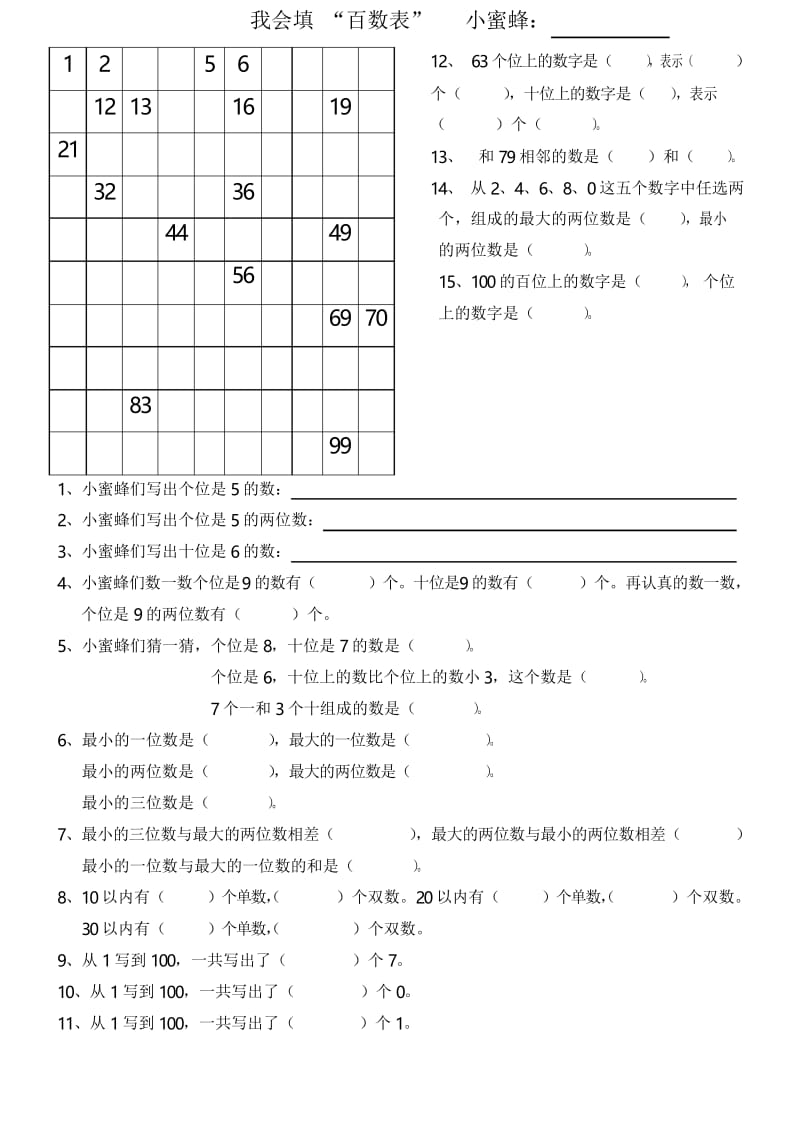 (完整版)一年级下册数学百数表小测试题.docx_第1页