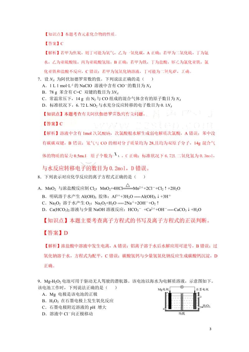 2013年江苏高考化学试卷答案解析.doc_第3页