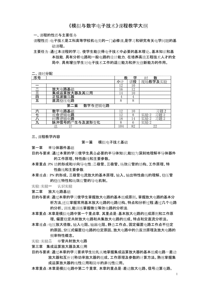 (完整版)模拟与数字电子技术课程教学大纲.docx_第1页