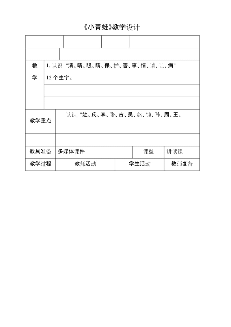 2017新人教版部编本一年级语文下册《小青蛙》教学设计.docx_第1页