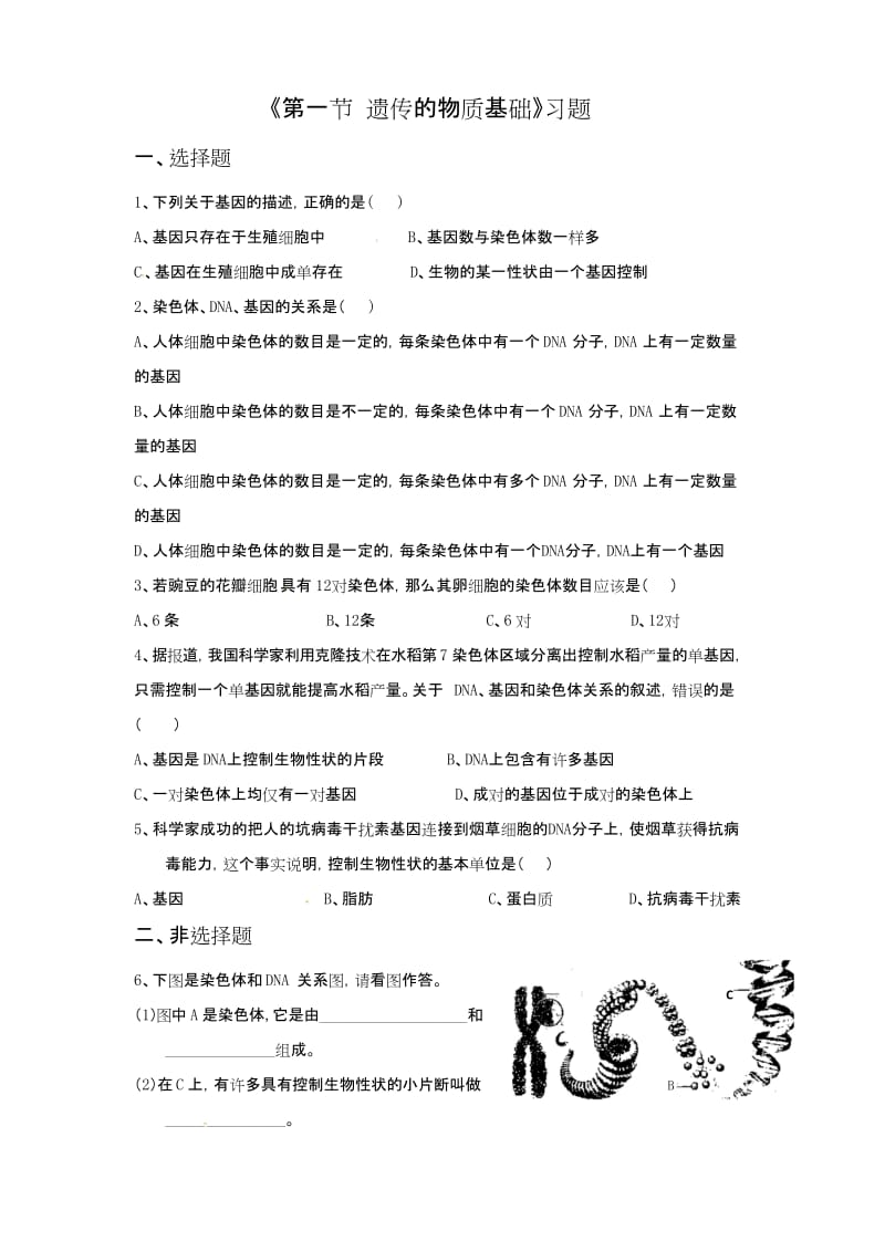 《第一节 遗传的物质基础》习题.docx_第1页