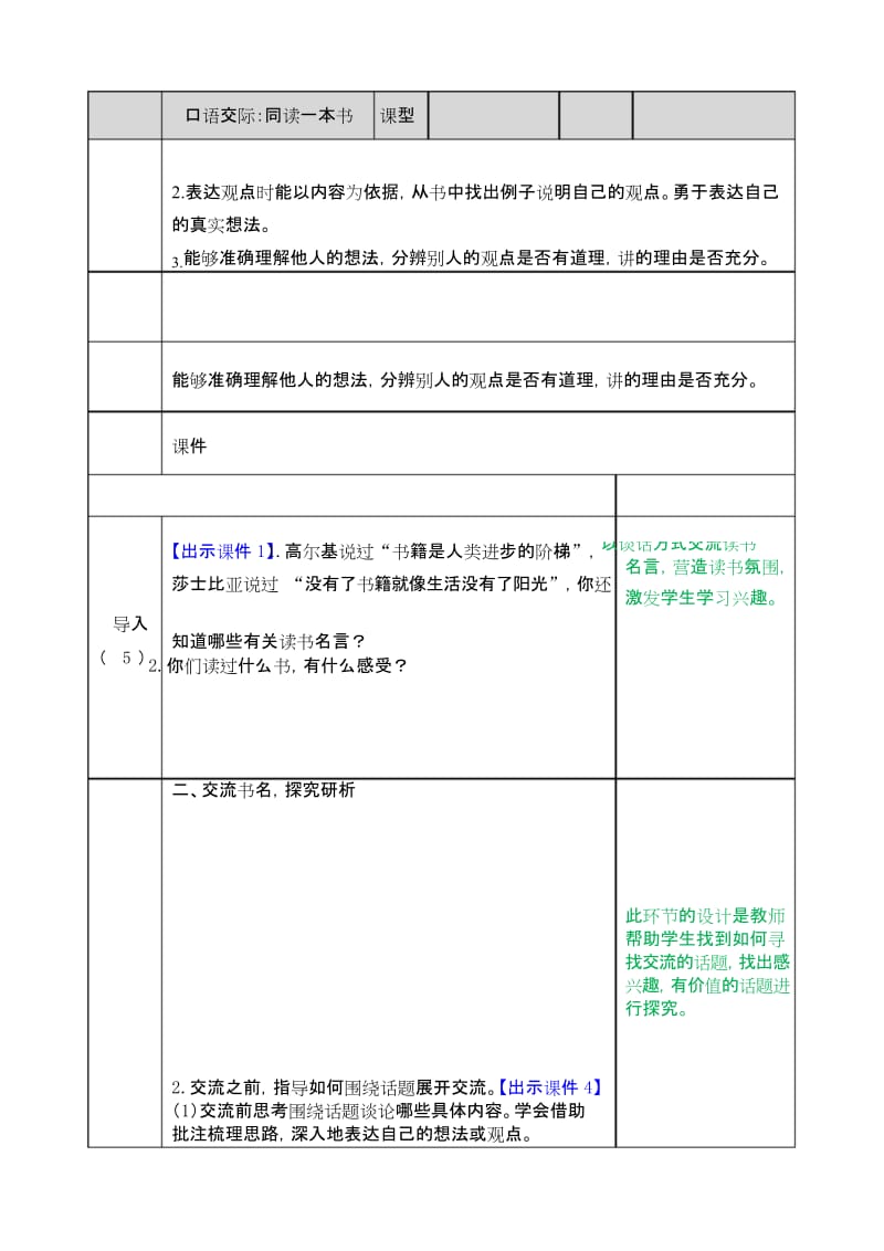 2020春统编版六年级语文下册口语交际：同读一本书 表格式教案设计(含反思+备课素材+课堂和课外作业及答案.docx_第1页