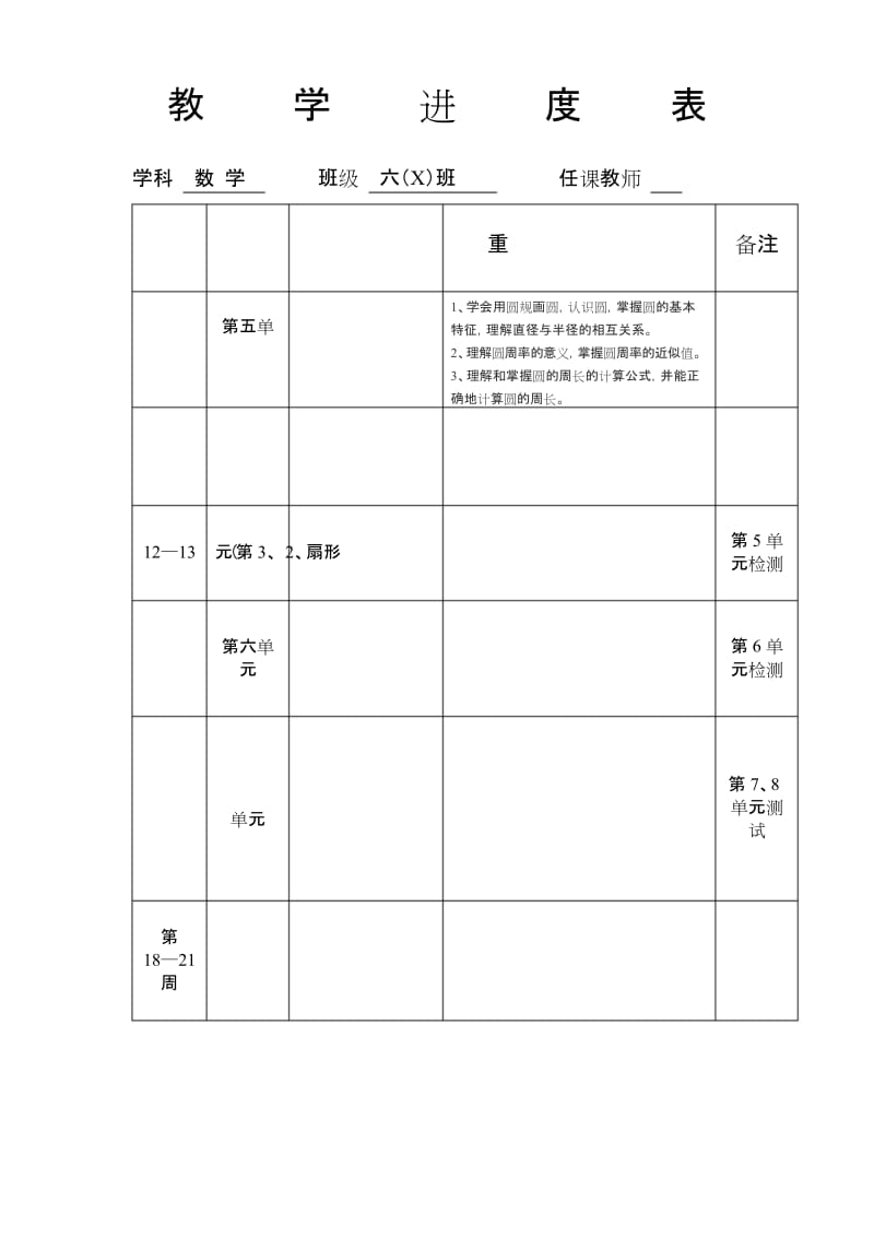 小学六年级上册数学教学进度表.docx_第2页