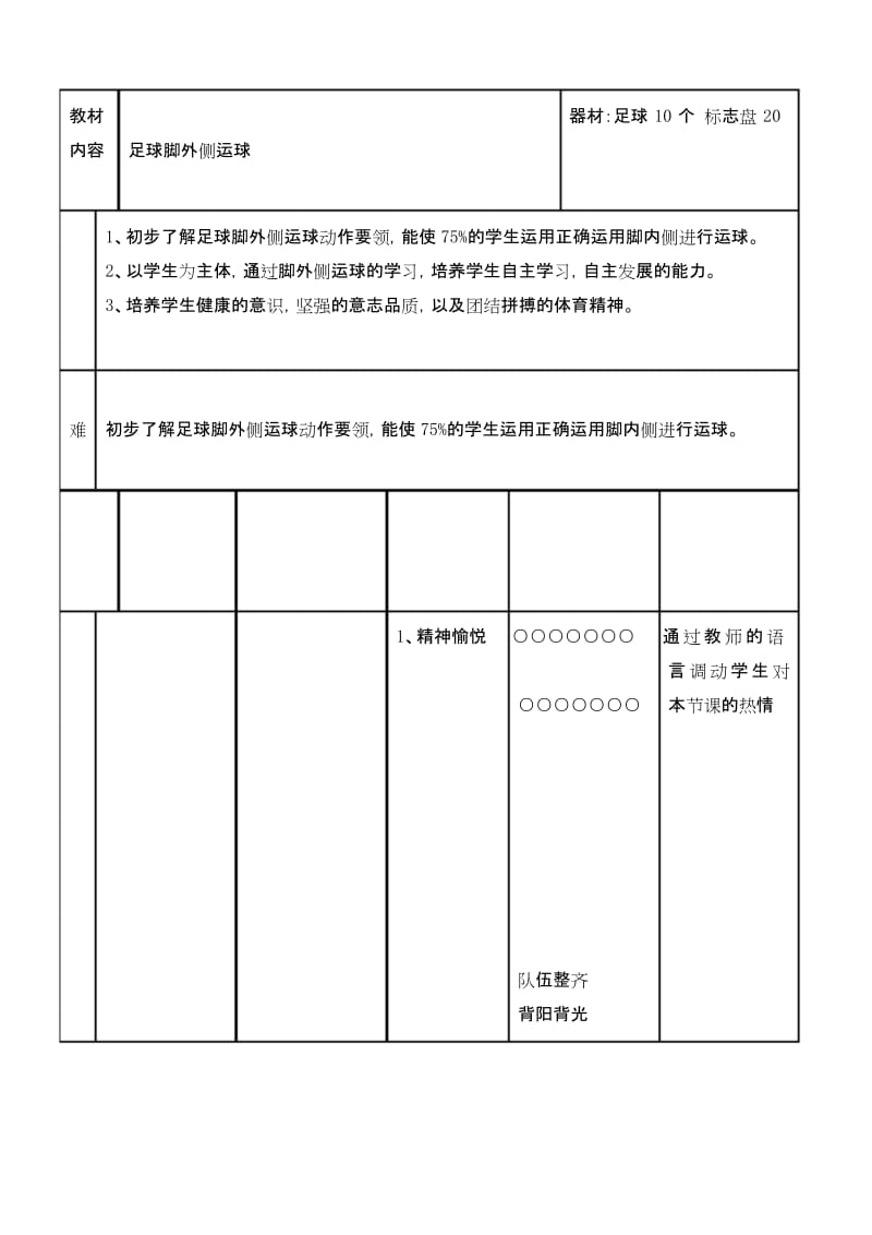 六年级体育教案-足球二脚外侧运球 全国通用.docx_第1页