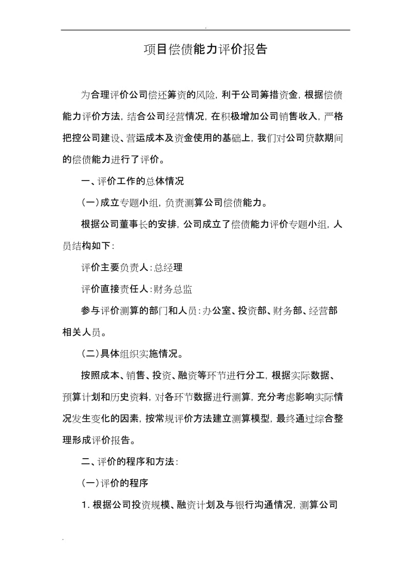 项目偿债能力评价报告(可行性报告).docx_第1页