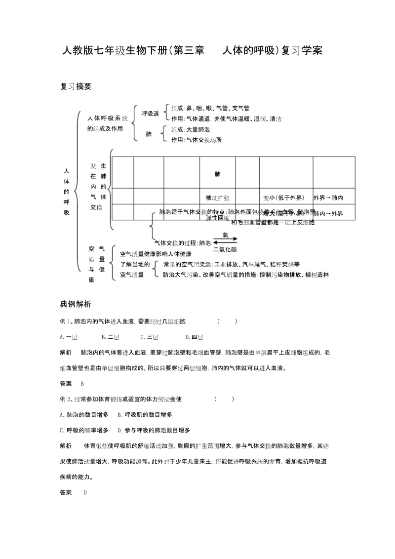 最新人教部编版初一七年级生物下册第三章《人体的呼吸》复习学案.docx_第1页