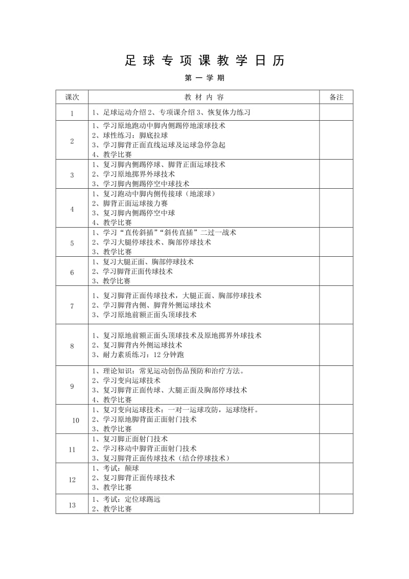 足球专项课教学日历第一学期.doc_第1页