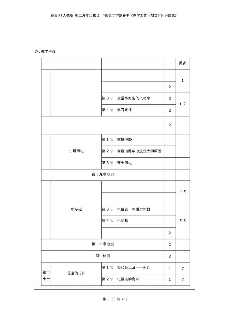 部编RJ人教版 初三九年级物理 下册第二学期春季 《教学工作计划含时间进度表》.docx_第3页