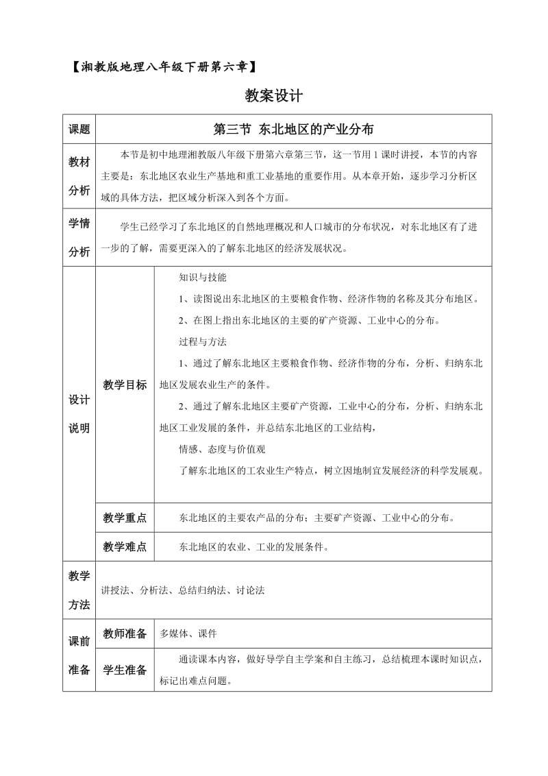 新湘教版八年级地理下册《六章 认识区域：位置与分布第三节 东北地区的产业分布》教案_1.docx_第1页