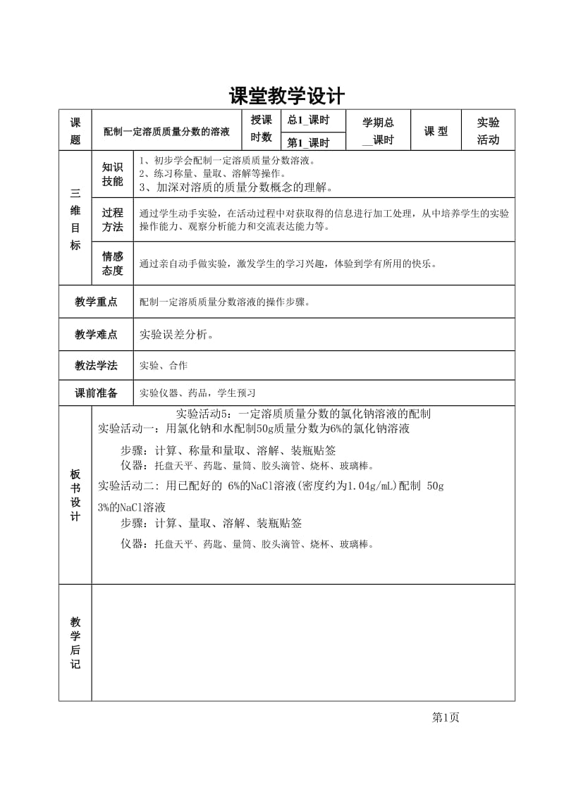 新沪教版九年级化学下册《六章 溶解现象基础实验5 配制一定溶质质量分数的氯化钠溶液》教案_22.doc_第1页