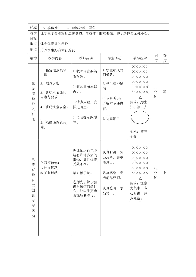 新人教版一至二年级体育《体操球类活动2．基本体操1.模仿操第一～四节》公开课教案_1.docx_第1页