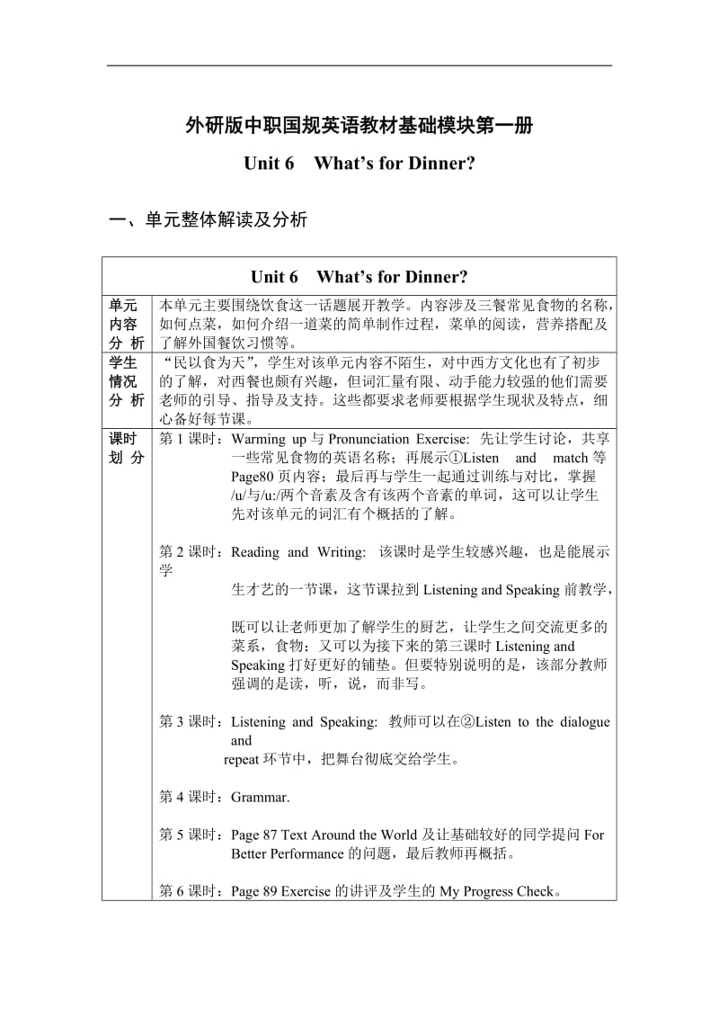中职英语教材（外研版基础模块）第一册教学设计 Unit6What’s for Dinner免费.doc_第1页