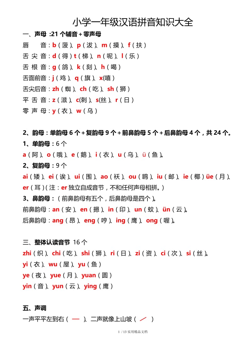 一年级拼音知识大全及每日拼读练习（经典实用）.doc_第1页