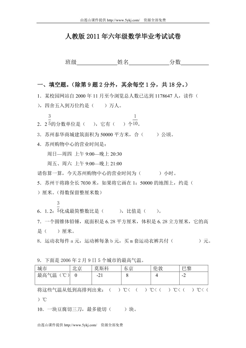 2011年六年级数学毕业班模拟检测试题.doc_第1页