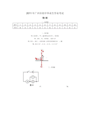 2011年广州市初中毕业生学业考试 物理 答案.doc