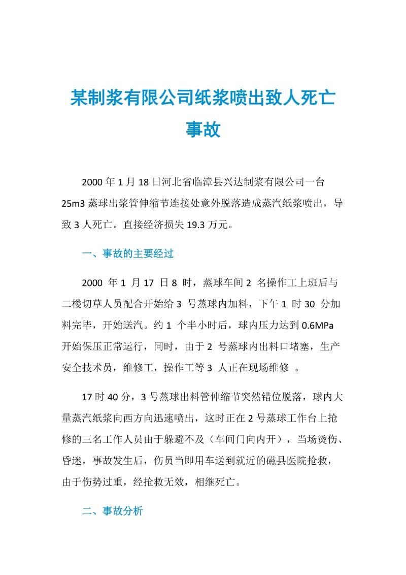 某制浆有限公司纸浆喷出致人死亡事故.doc_第1页