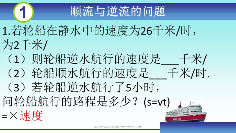 顺流与逆流的问题(应用一元一次方程)（经典实用）.pptx_第1页