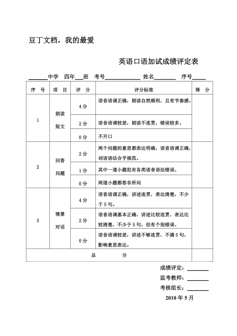 英语口语加试成绩评定表.doc_第1页