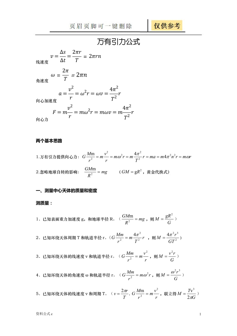 万有引力定律公式总结[教学备用].doc_第1页