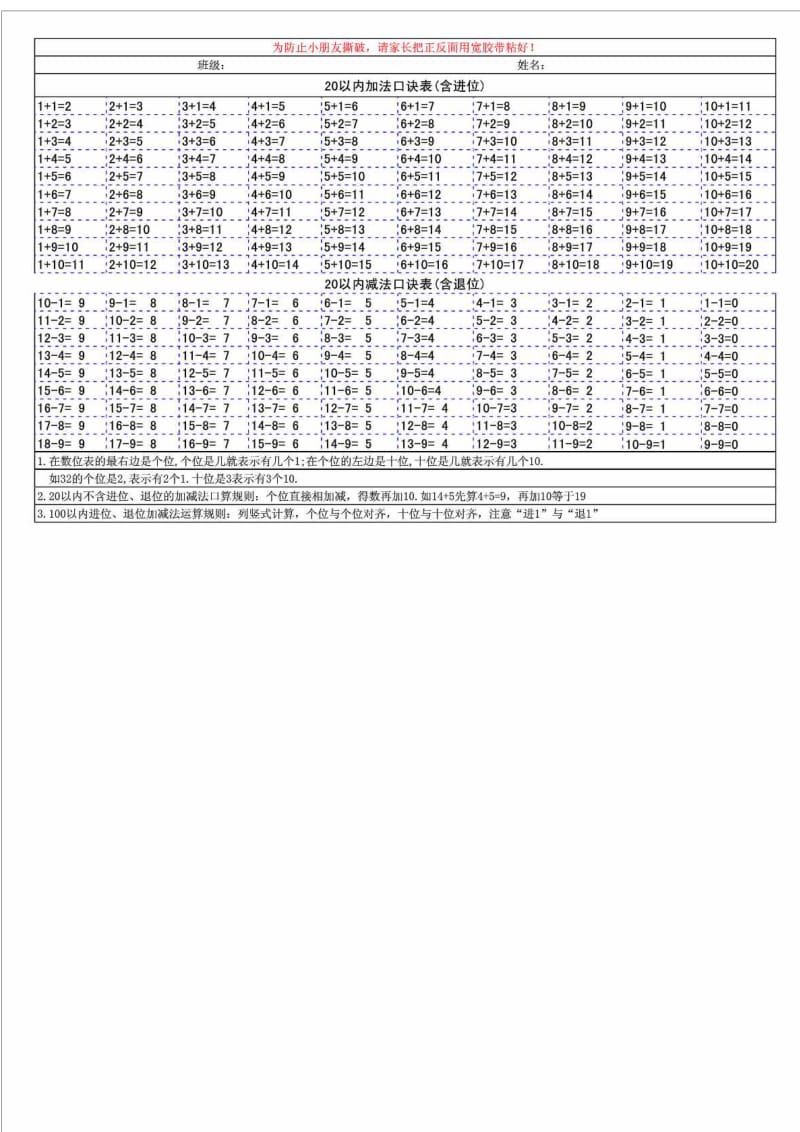 20以内加减法口诀表(A4排版可打印).doc_第1页