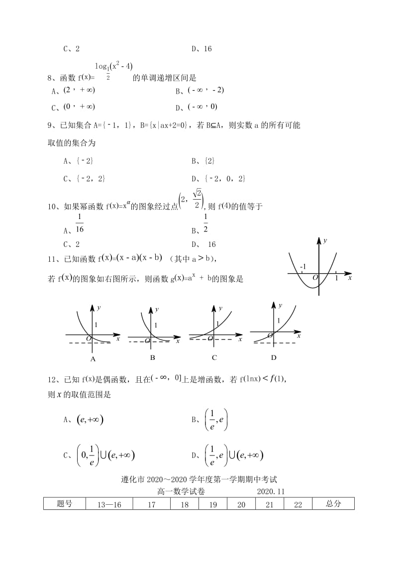 河北省唐山遵化市2020学年高一数学上学期期中试题（通用）.doc_第2页