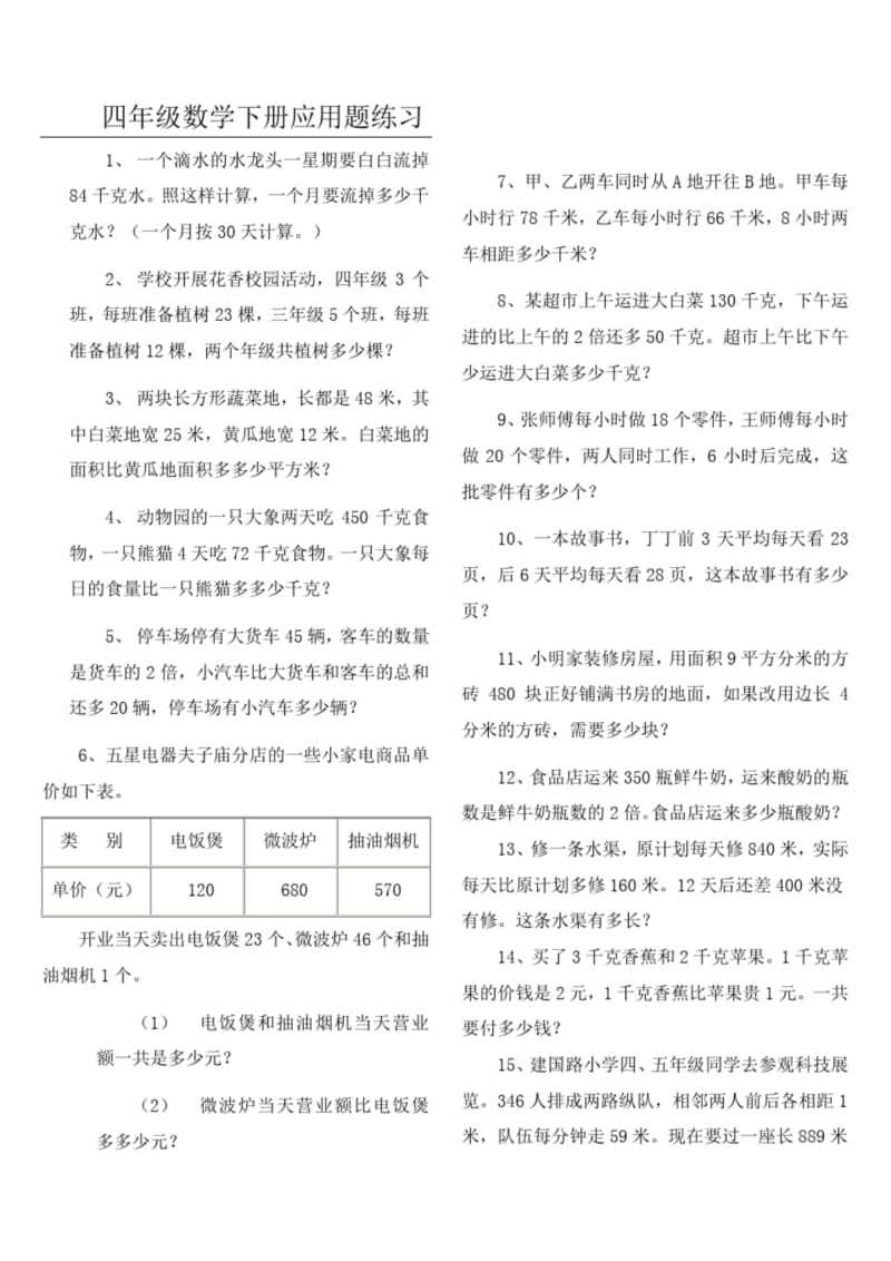 人教版小学四年级数学下册应用题练习题.docx_第1页