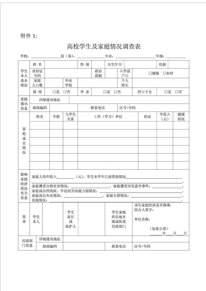 大学生贫困补助申请表 高校家庭情况调查表.doc_第1页