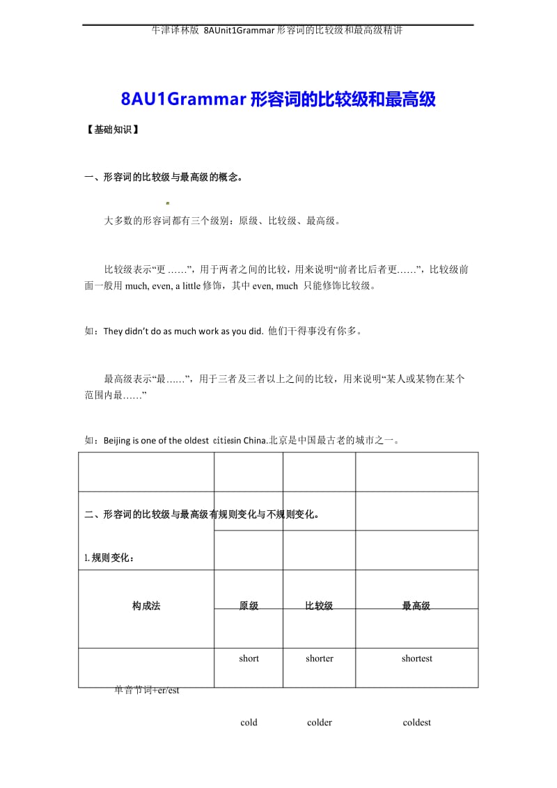 牛津译林版 8AUnit1Grammar形容词的比较级和最高级精讲.docx_第1页