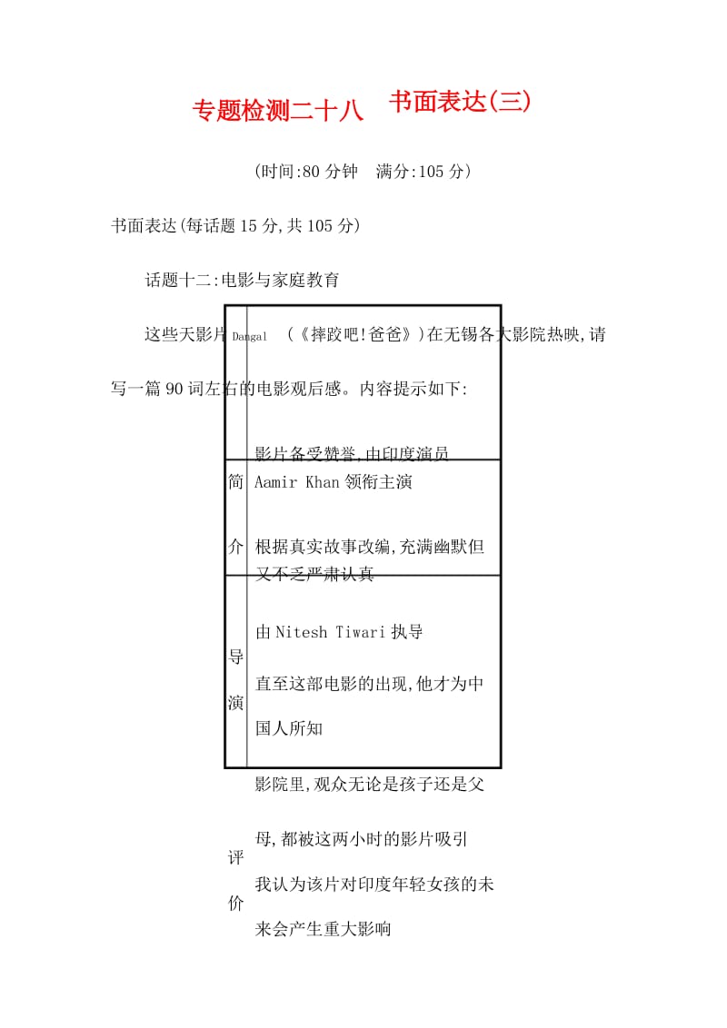 人教版2018届中考英语总复习专题检测28书面表达三试题.docx_第1页